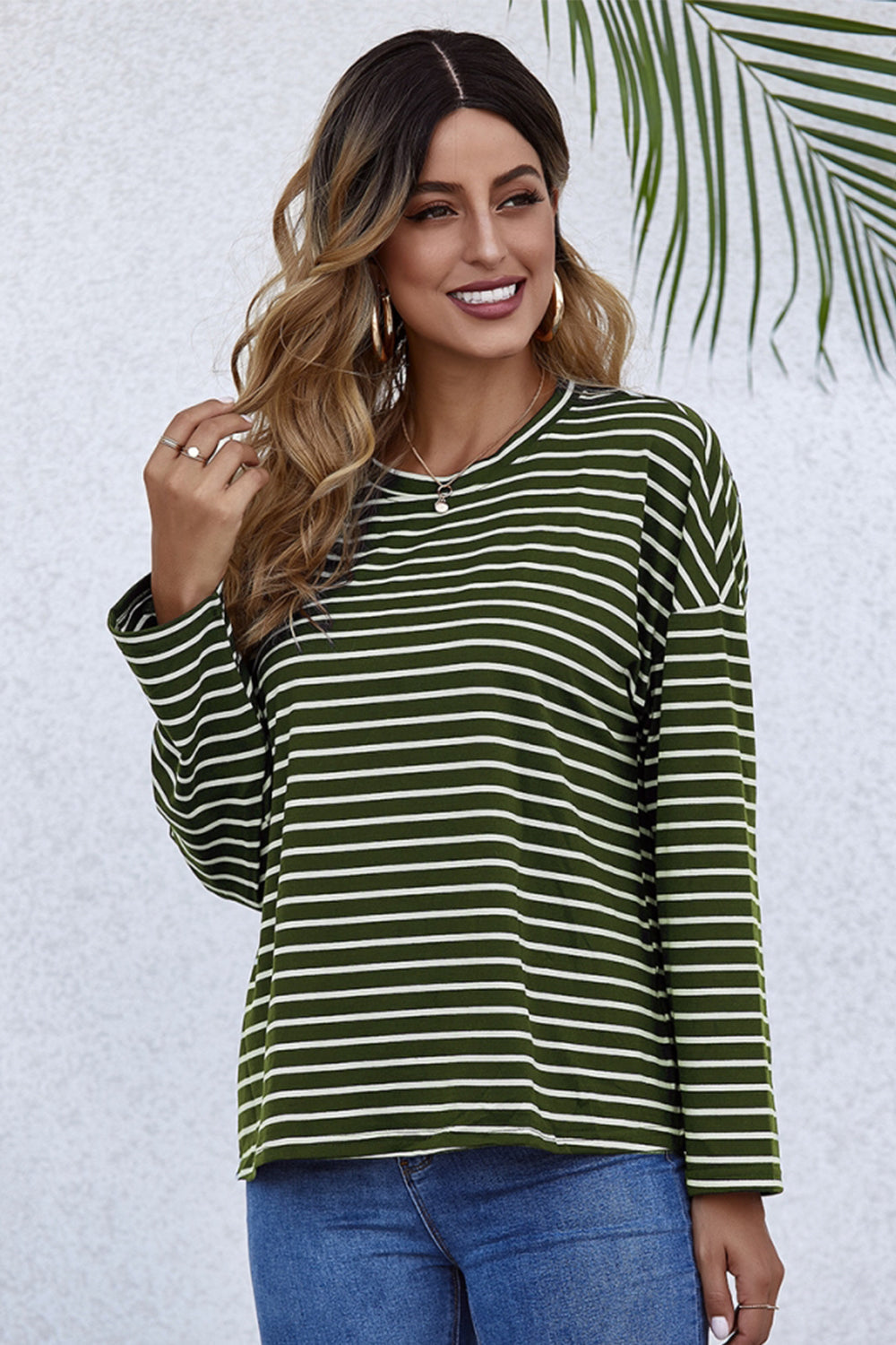 Long-Sleeve Loose Round Neck Striped T-shirt