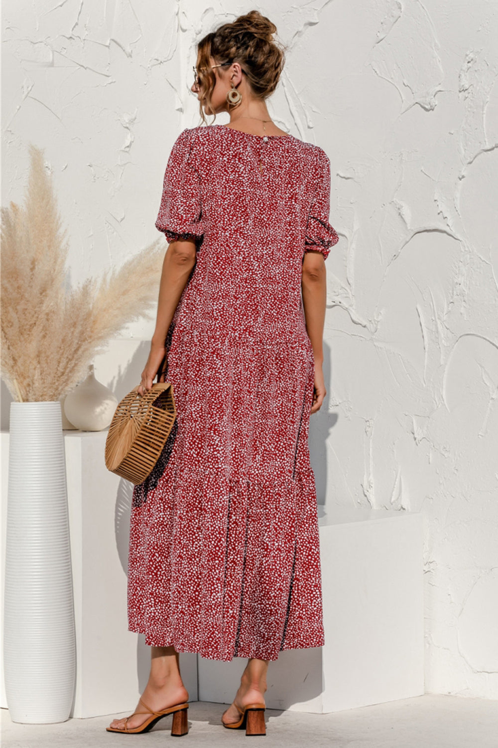 Puff Sleeve Polka Dot Plaid Patchwork Long Dress