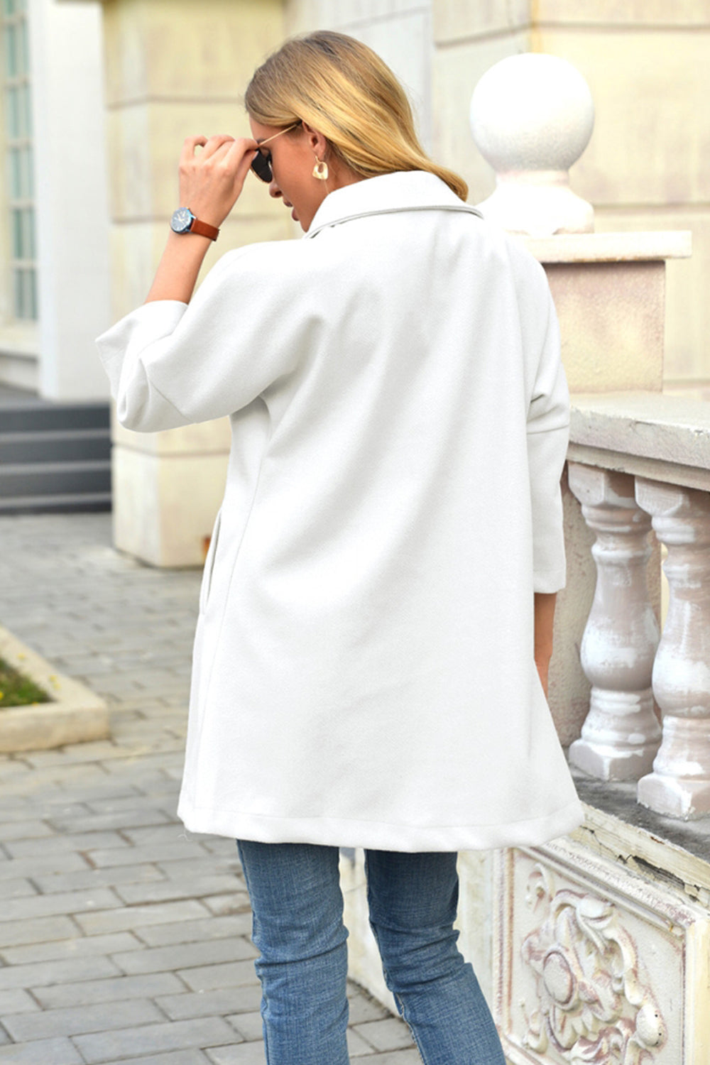 Woolen 3 / 4-Sleeved Lapel Long Button Coat