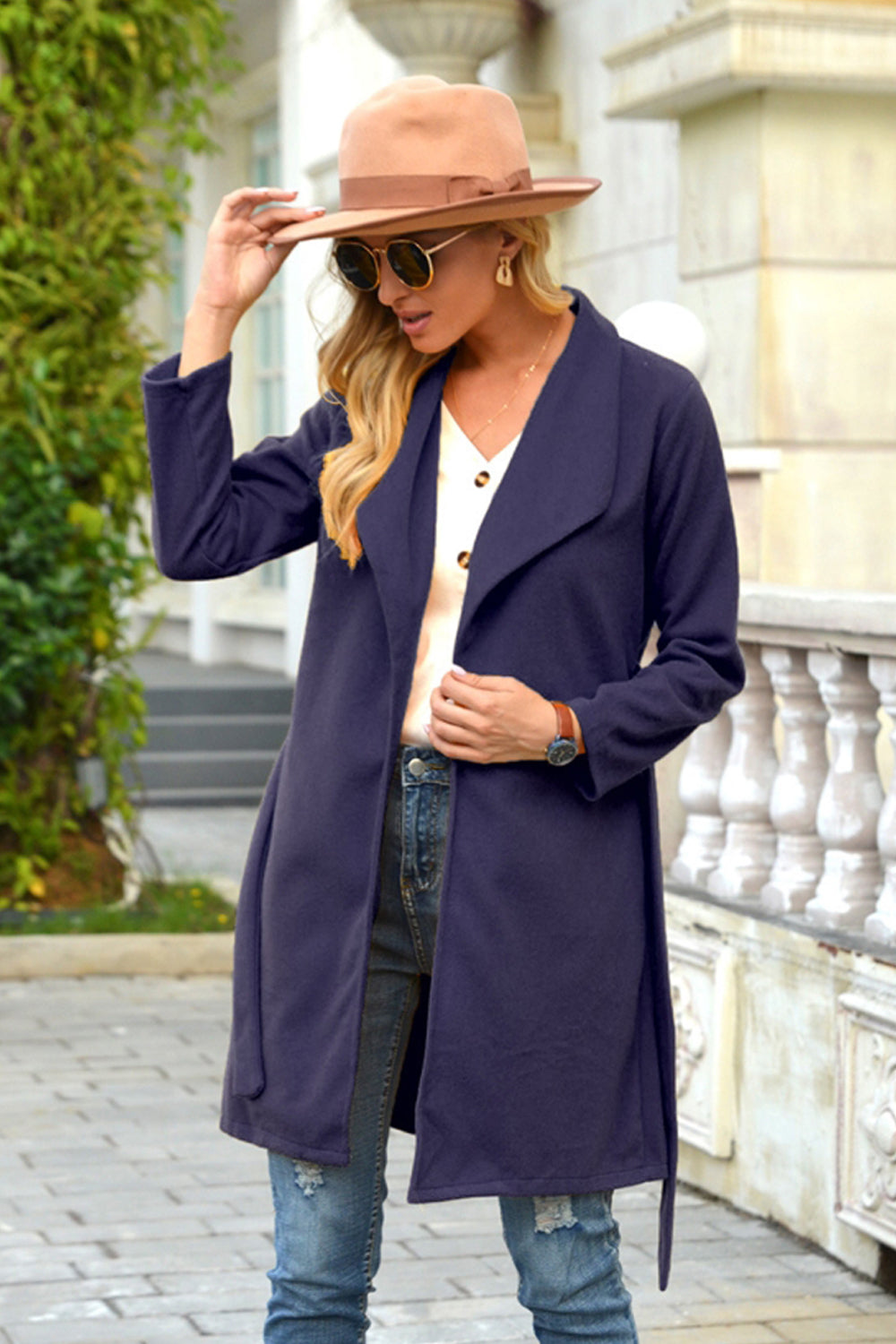 Woolen Lapel Tie Long Coat