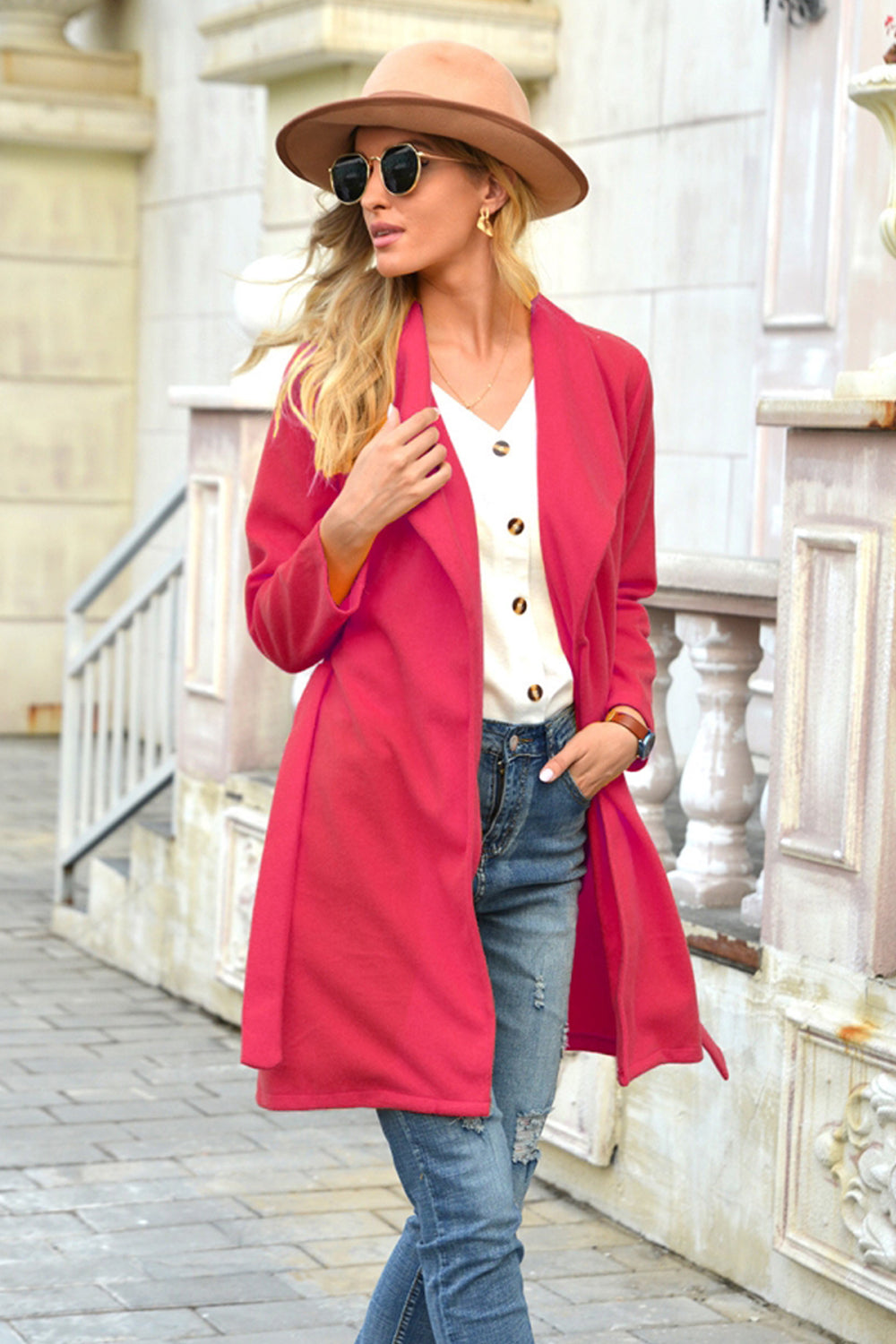 Woolen Lapel Tie Long Coat