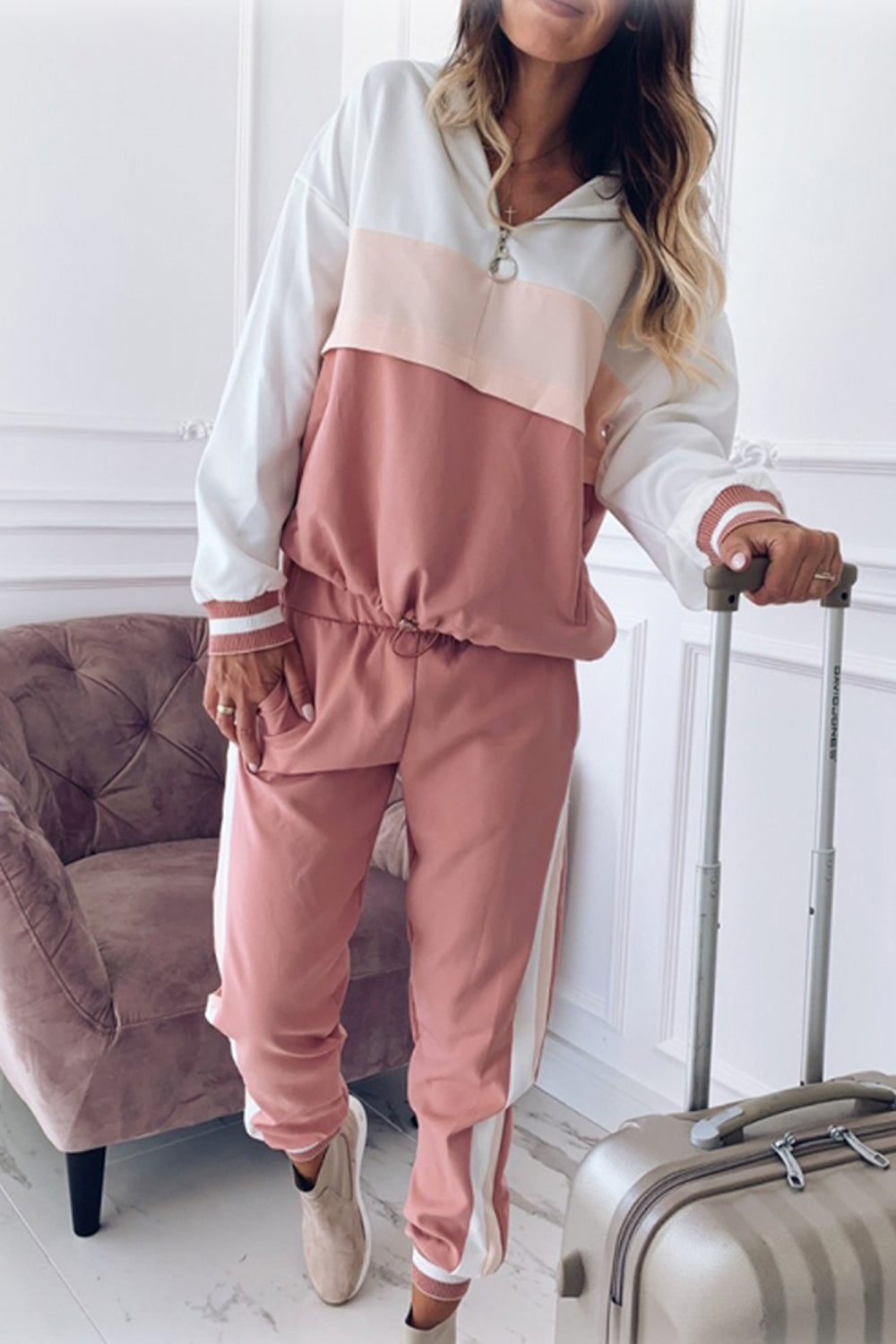 Patchwork Hooded Long-Sleeved Pants Set