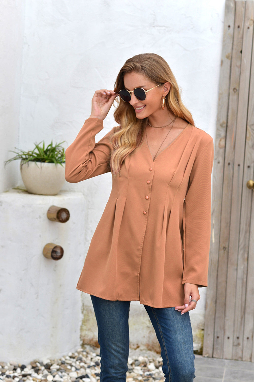 Mid-Length V-Neck Long Sleeve Shirt