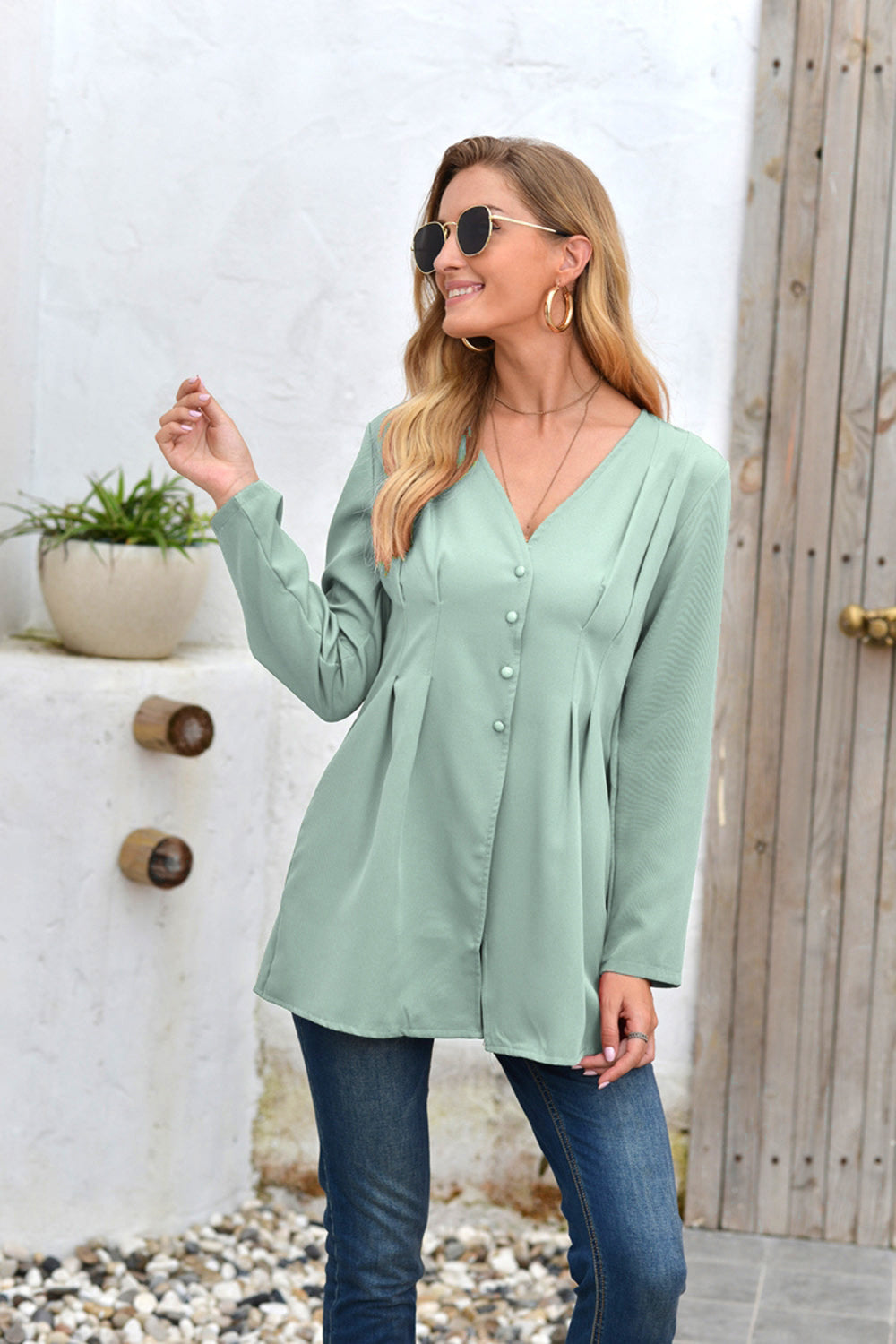 Mid-Length V-Neck Long Sleeve Shirt
