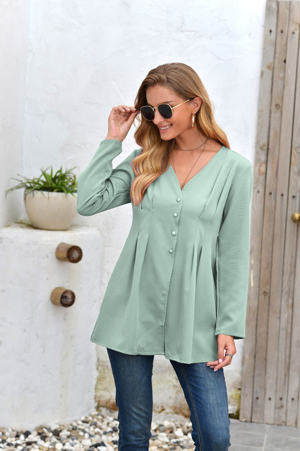 Mid-Length V-Neck Long Sleeve Shirt