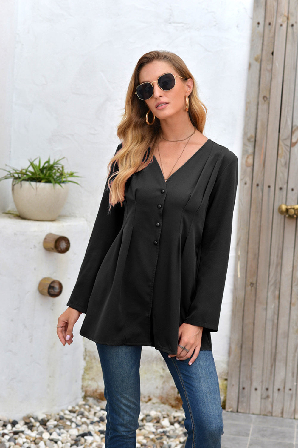 Mid-Length V-Neck Long Sleeve Shirt