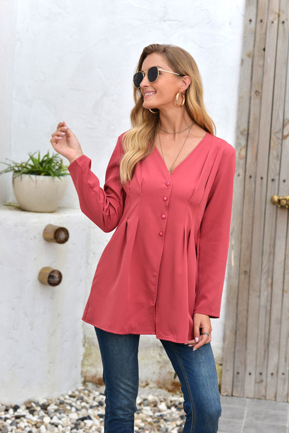 Mid-Length V-Neck Long Sleeve Shirt