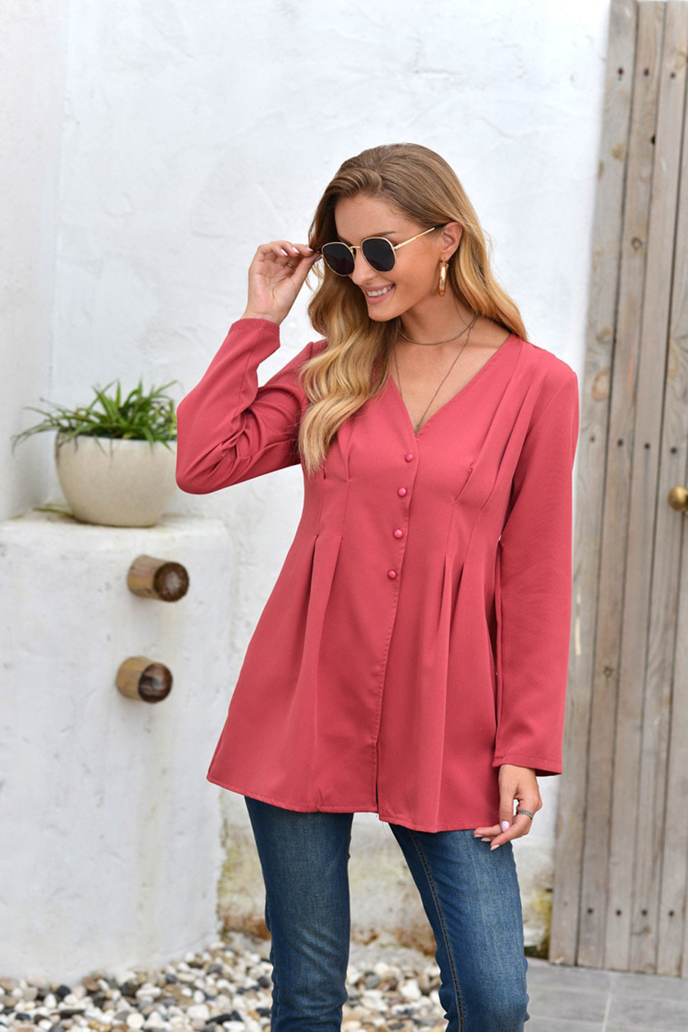 Mid-Length V-Neck Long Sleeve Shirt