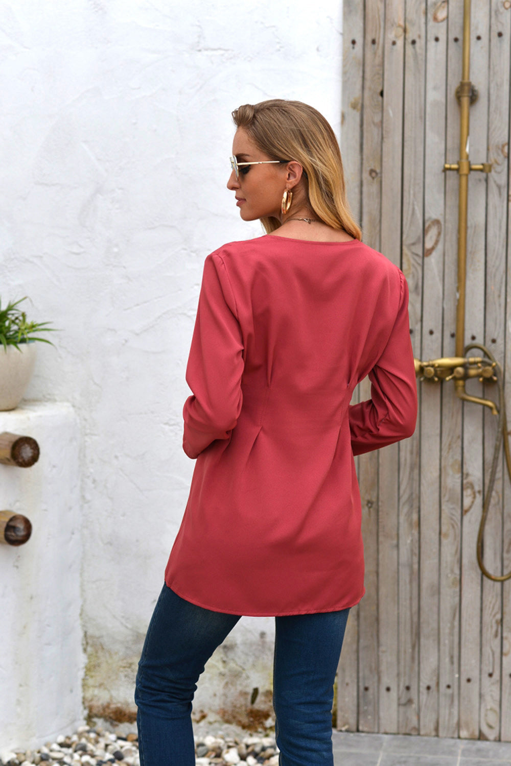 Mid-Length V-Neck Long Sleeve Shirt