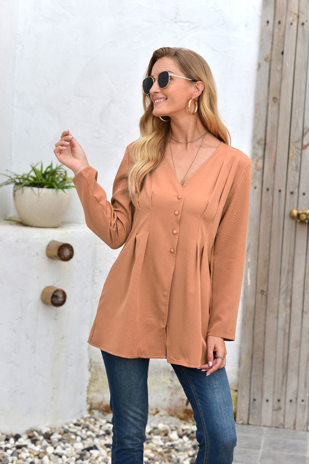 Mid-Length V-Neck Long Sleeve Shirt