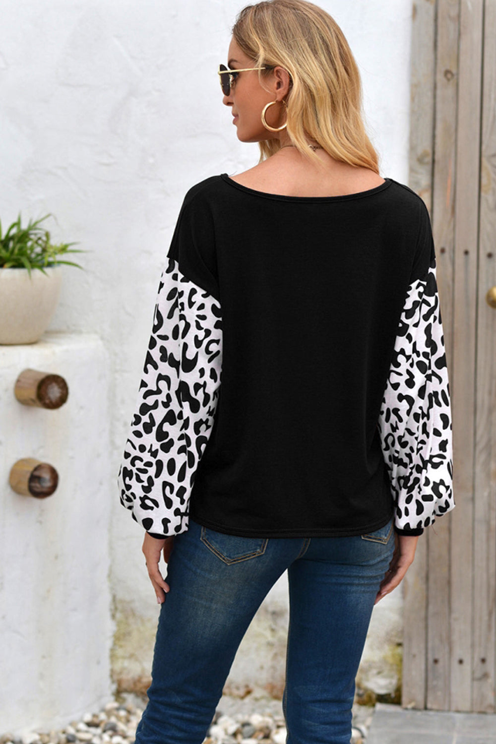 Cross Collar Leopard Sleeve T-shirt