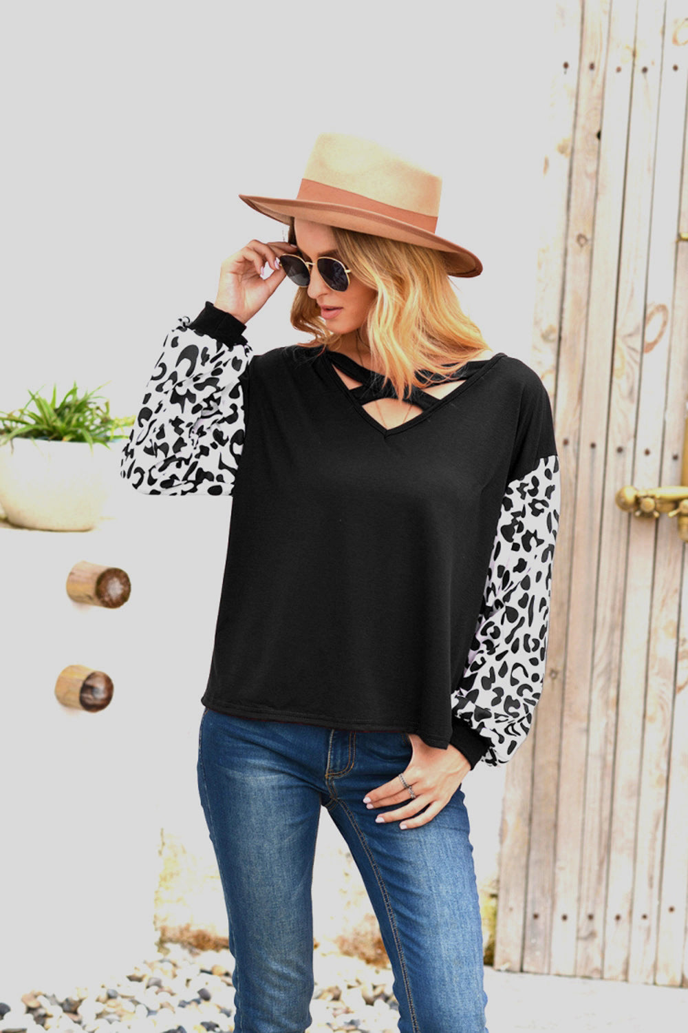Cross Collar Leopard Sleeve T-shirt