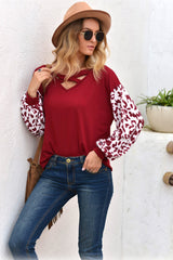 Cross Collar Leopard Sleeve T-shirt