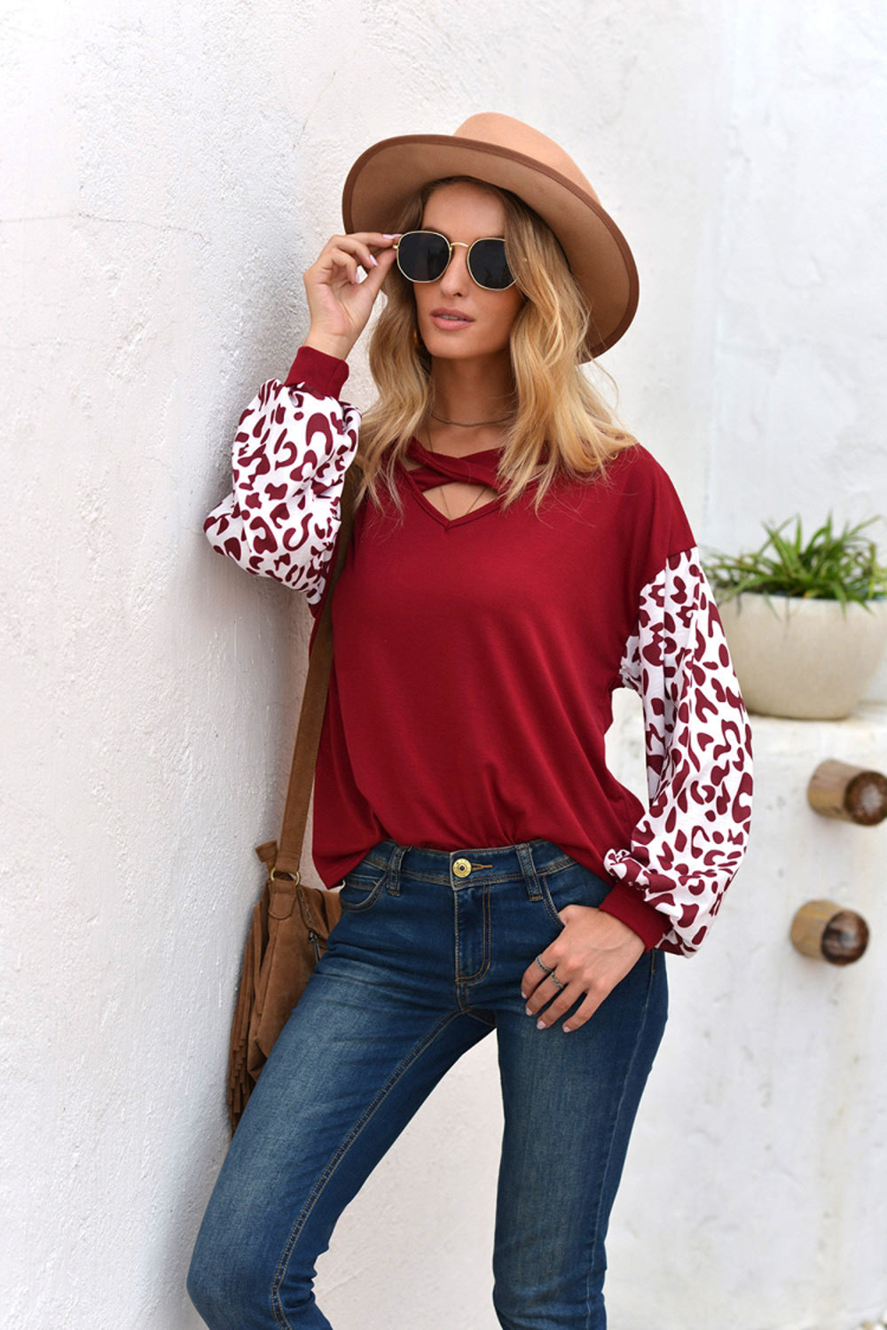 Cross Collar Leopard Sleeve T-shirt