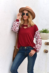Cross Collar Leopard Sleeve T-shirt