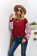 Cross Collar Leopard Sleeve T-shirt
