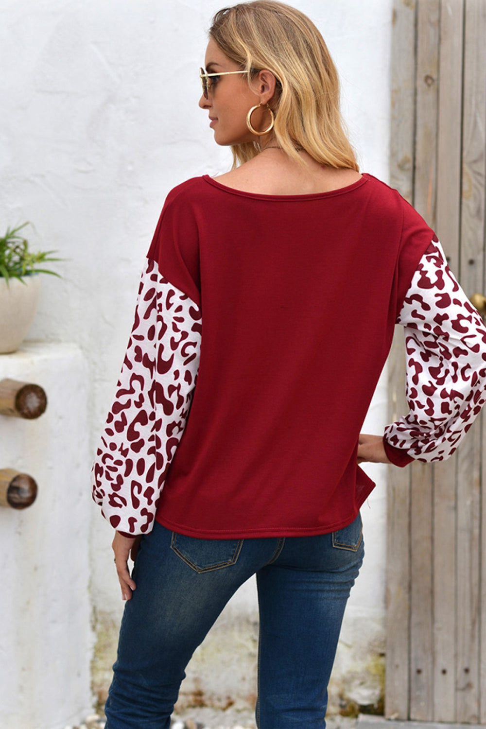 Cross Collar Leopard Sleeve T-shirt