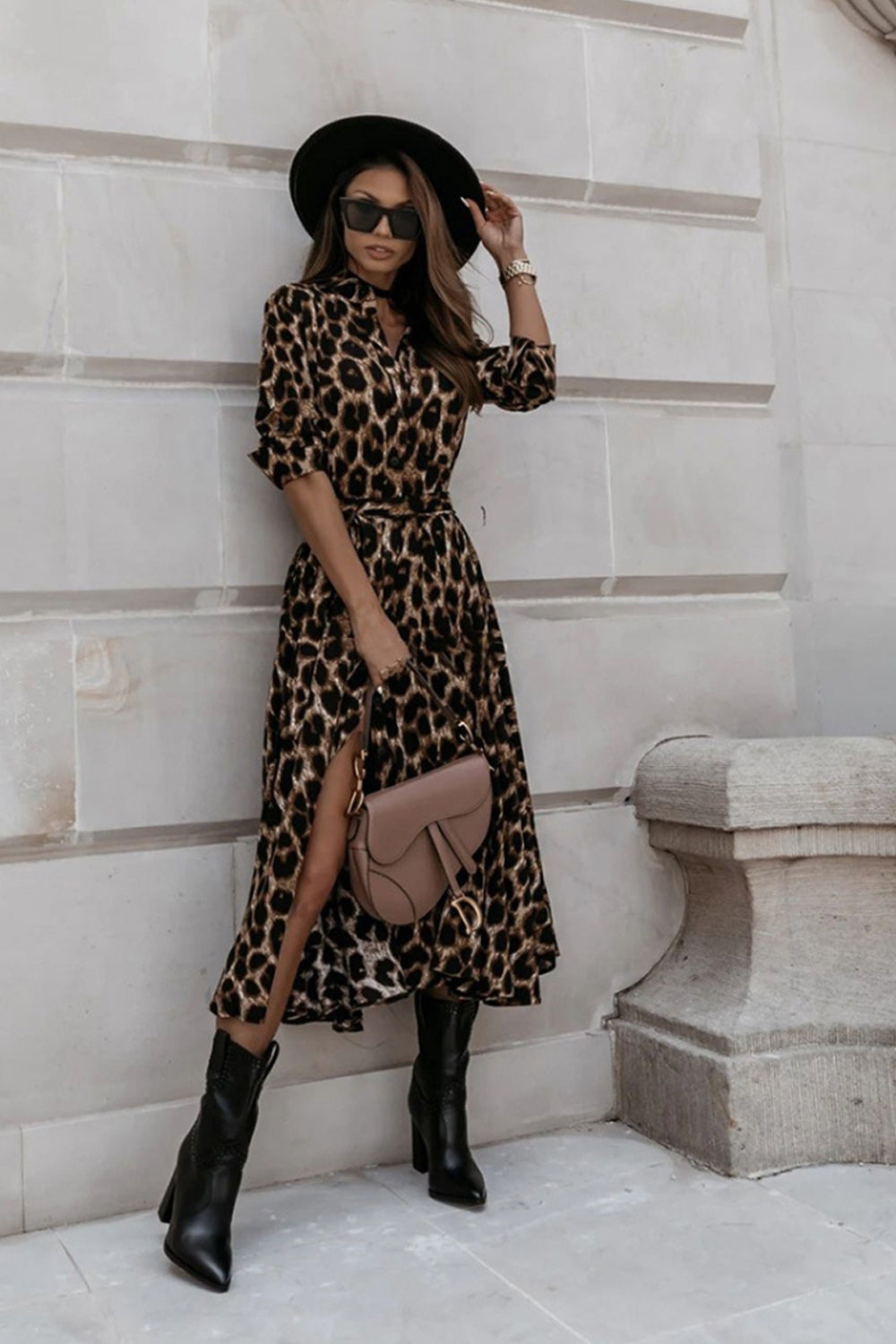 Long Sleeve Leopard Printed Dress
