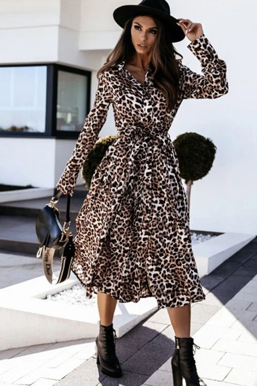 Long Sleeve Leopard Printed Dress