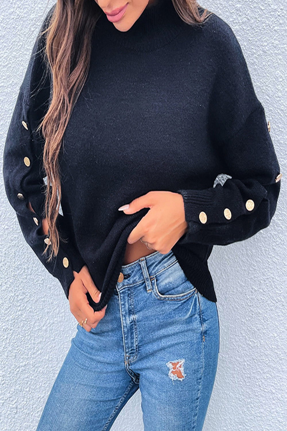 High Neck Button Knit Sweater