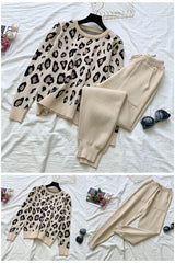 Knit Leopard Pullover Sweaters+Elastic Waist Pants Sets