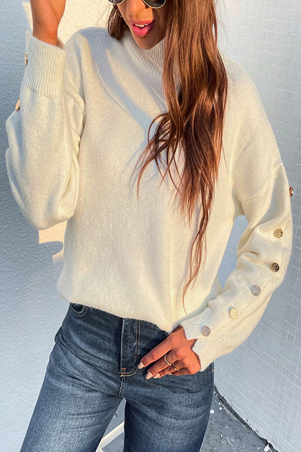 High Neck Button Knit Sweater
