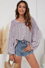 V-Neck Tie Floral Puff Sleeve Shirt