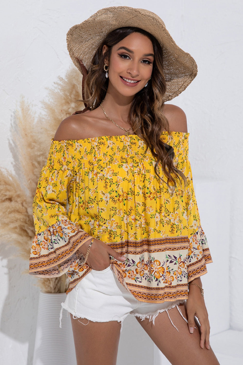 Off-Shoulder Floral Flared Sleeve Shirt
