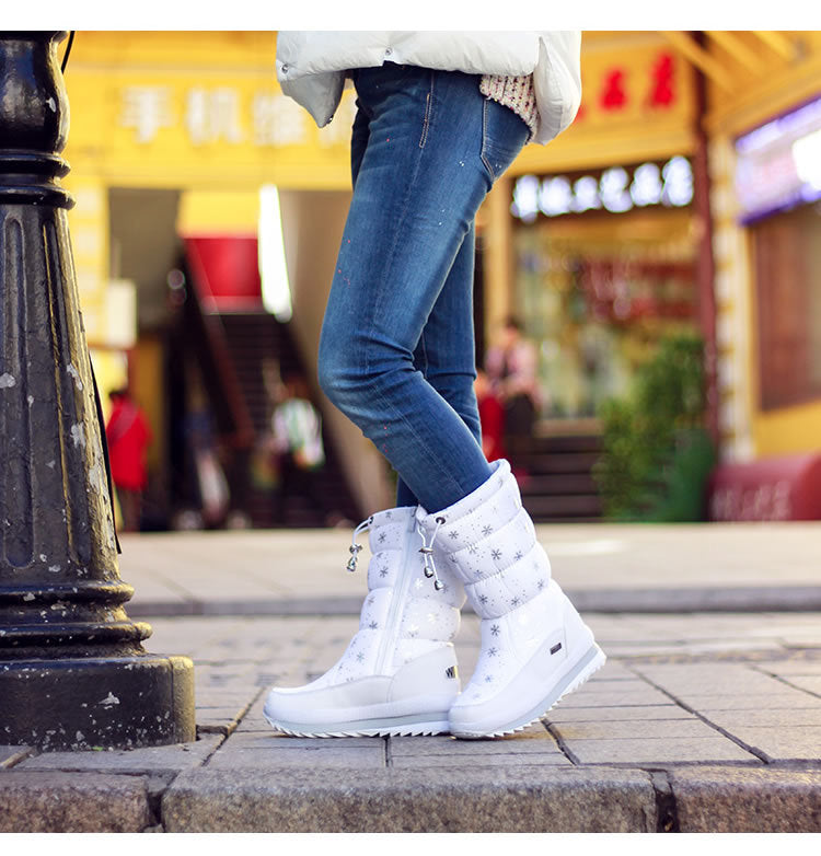 Snow Print Waterproof Down Mid-calf Cotton Boots