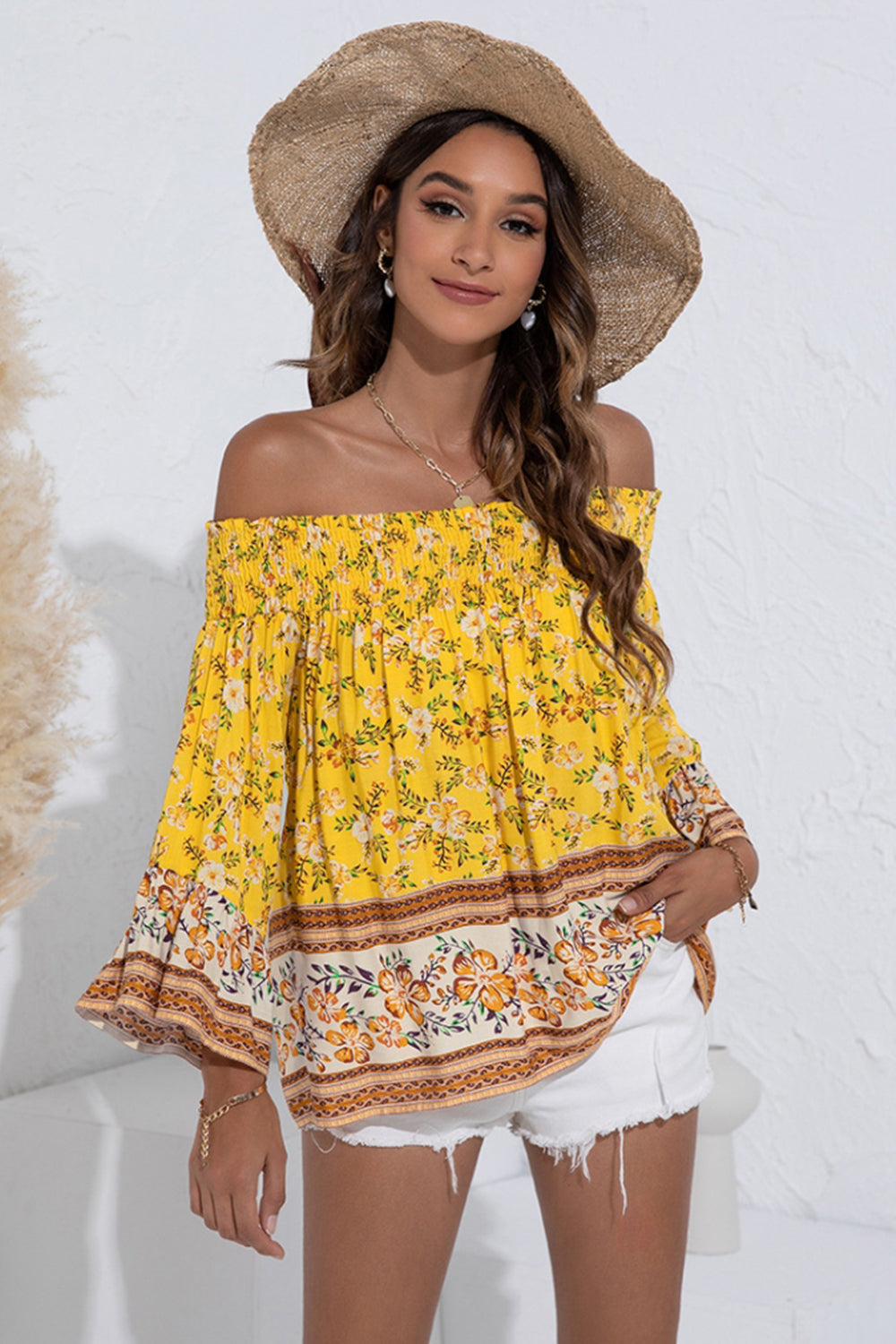 Off-Shoulder Floral Flared Sleeve Shirt