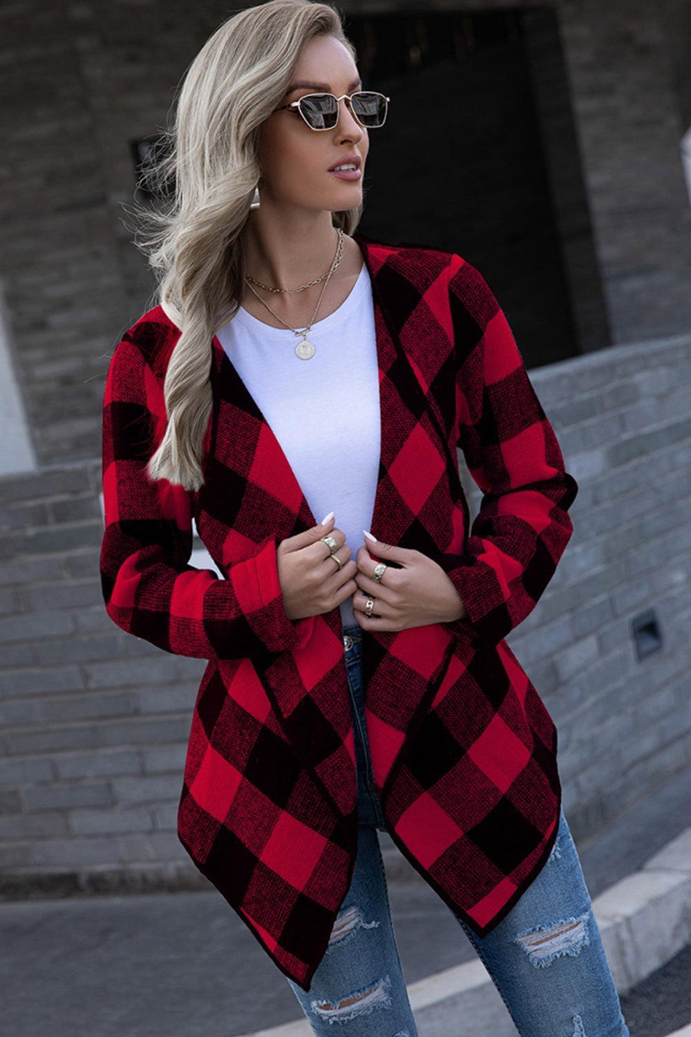 Plaid Tie Waist Suit Jacket