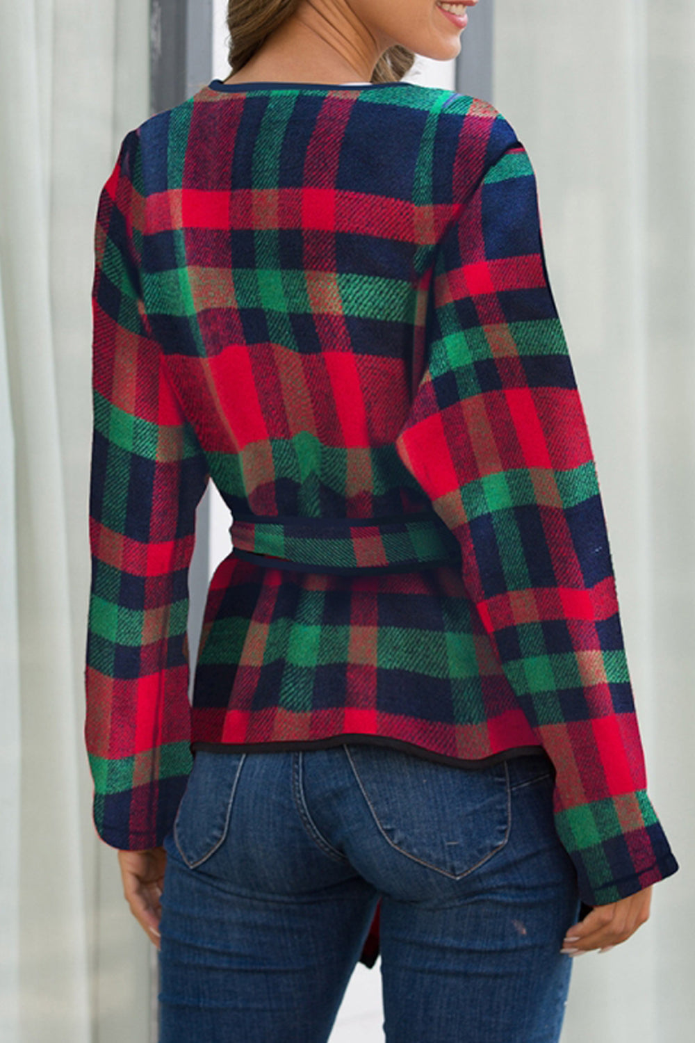 Plaid Tie Waist Suit Jacket