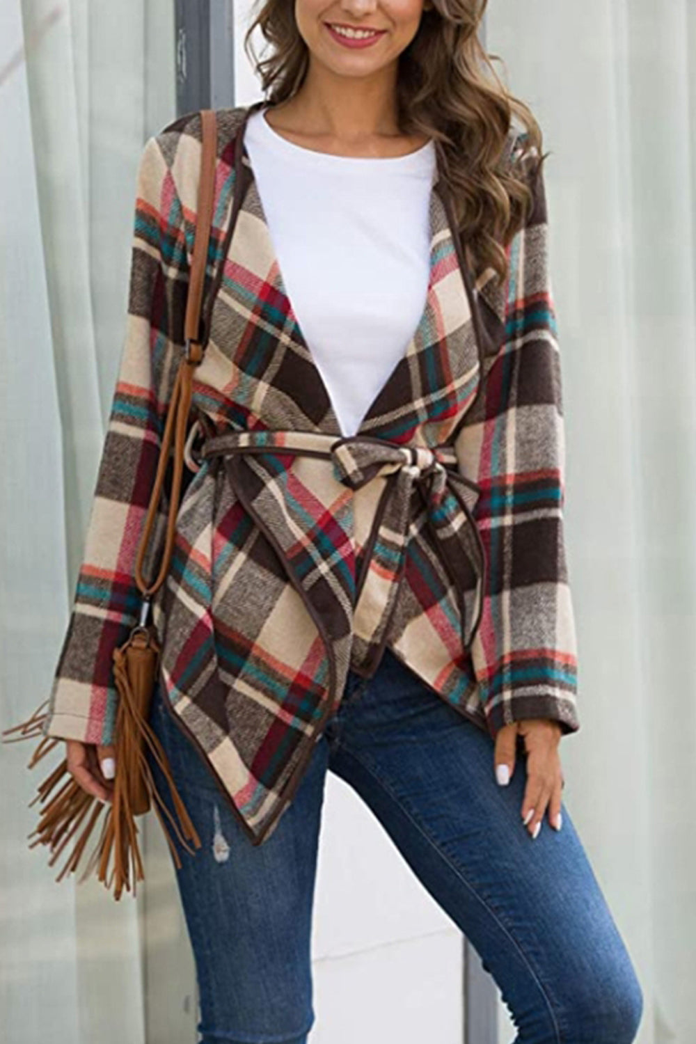 Plaid Tie Waist Suit Jacket