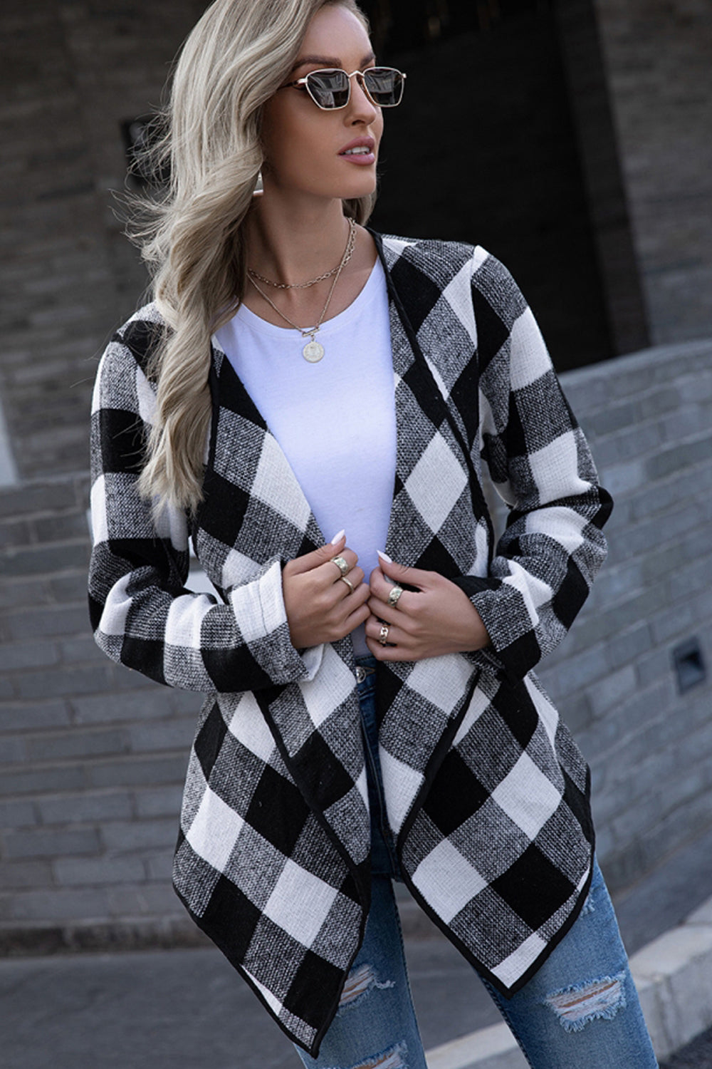 Plaid Tie Waist Suit Jacket