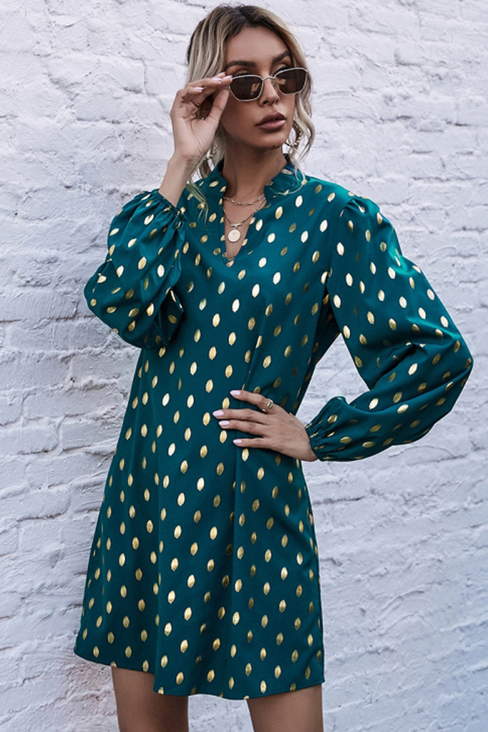 V-neck Polka Dot Long Sleeve Dress