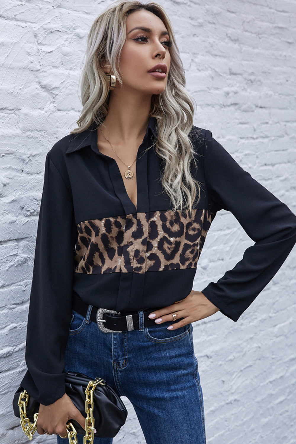 Panelled Leopard Print Long Sleeve Shirt