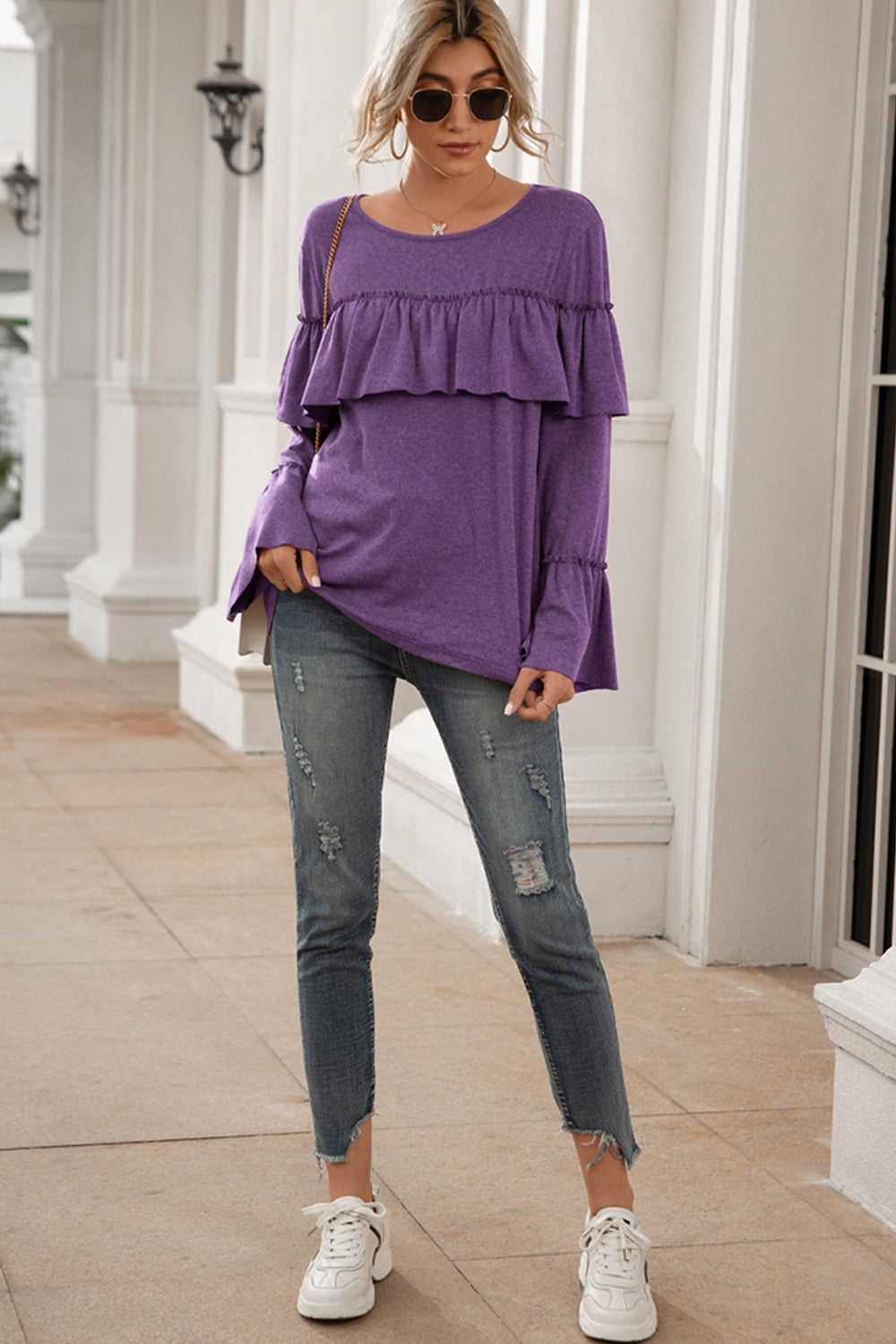 Ruffle Stitching Long-sleeved Solid Color T-shirt