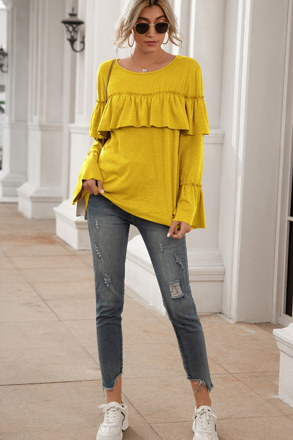 Ruffle Stitching Long-sleeved Solid Color T-shirt