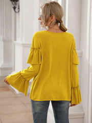 Ruffle Stitching Long-sleeved Solid Color T-shirt