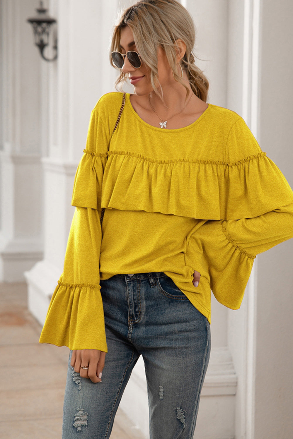 Ruffle Stitching Long-sleeved Solid Color T-shirt