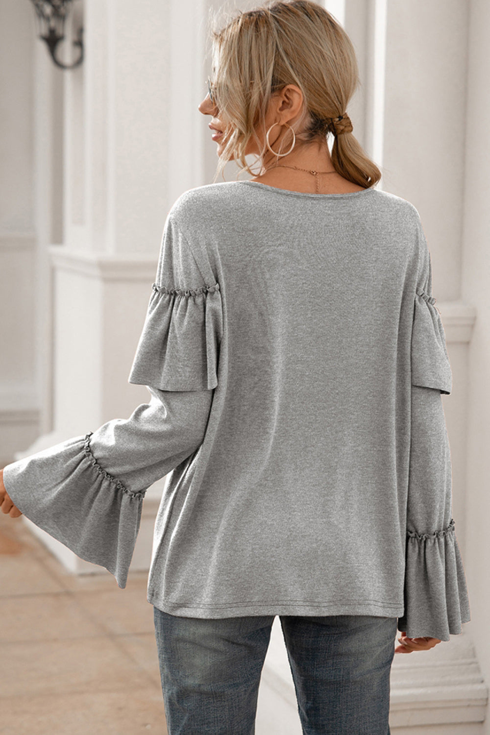 Ruffle Stitching Long-sleeved Solid Color T-shirt