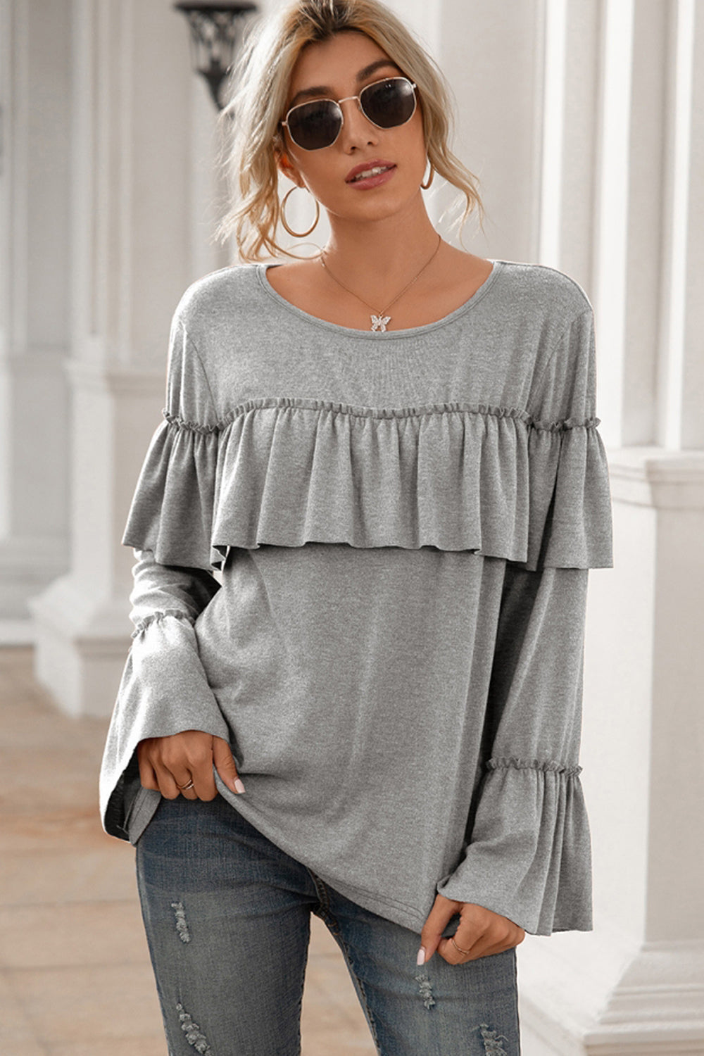 Ruffle Stitching Long-sleeved Solid Color T-shirt