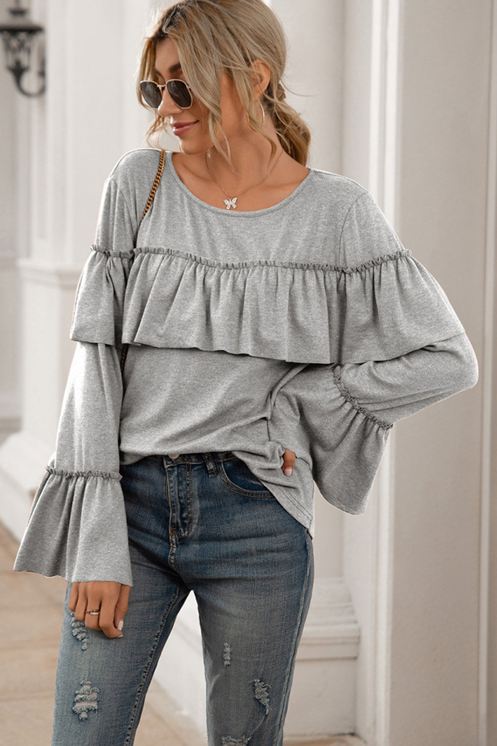 Ruffle Stitching Long-sleeved Solid Color T-shirt