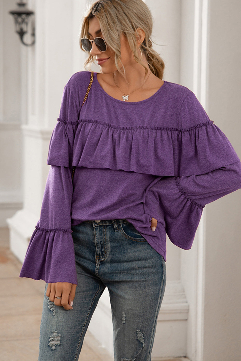 Ruffle Stitching Long-sleeved Solid Color T-shirt
