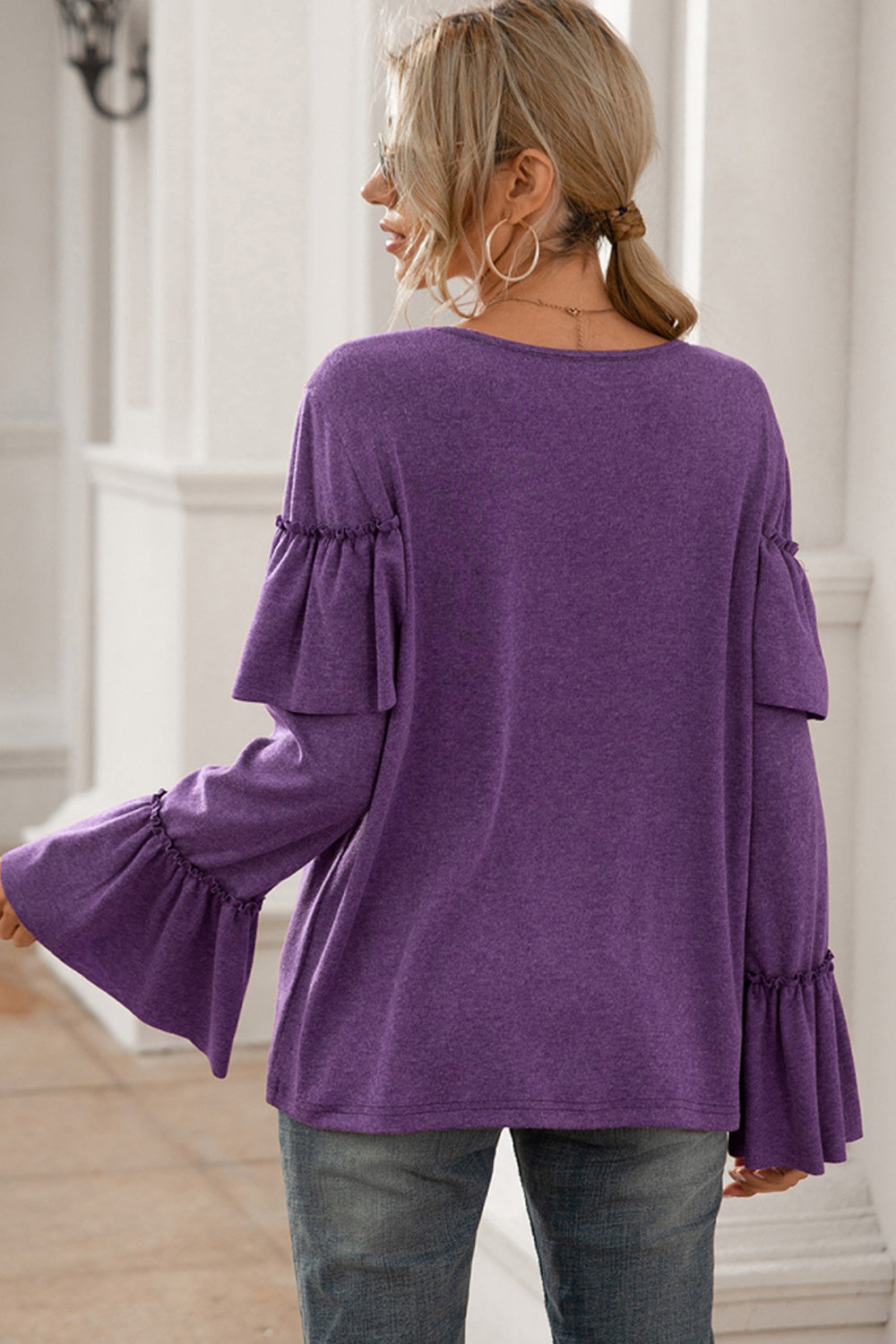 Ruffle Stitching Long-sleeved Solid Color T-shirt