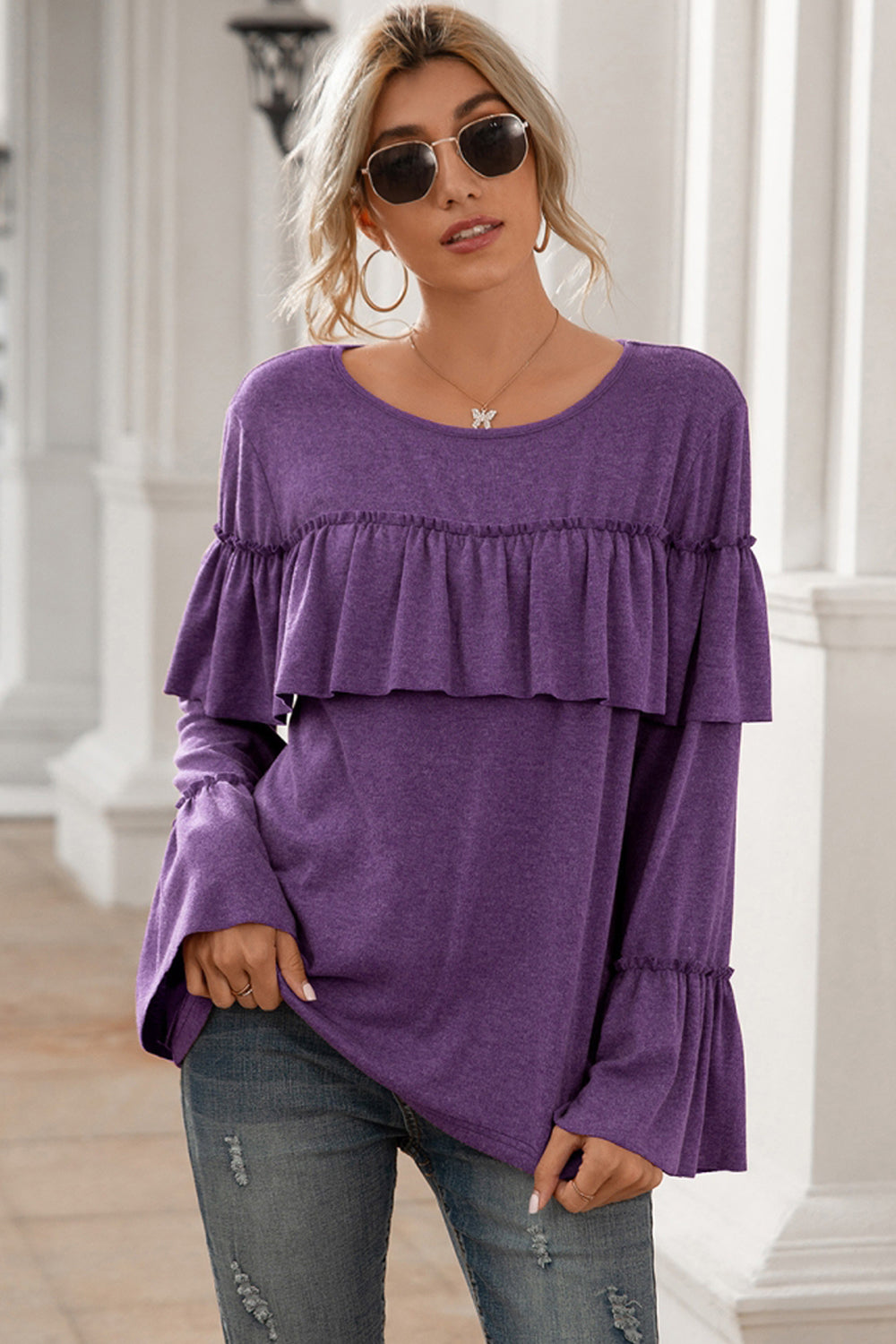 Ruffle Stitching Long-sleeved Solid Color T-shirt