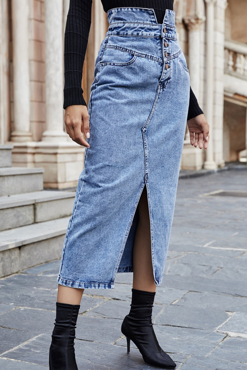 Buttoned Slit Denim Skirt