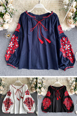 Lace-Up Tassel V-Neck Lantern Sleeve Tops