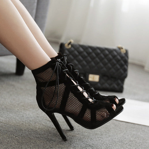 Mesh Lace-Up Cross-tied Boots Pumps