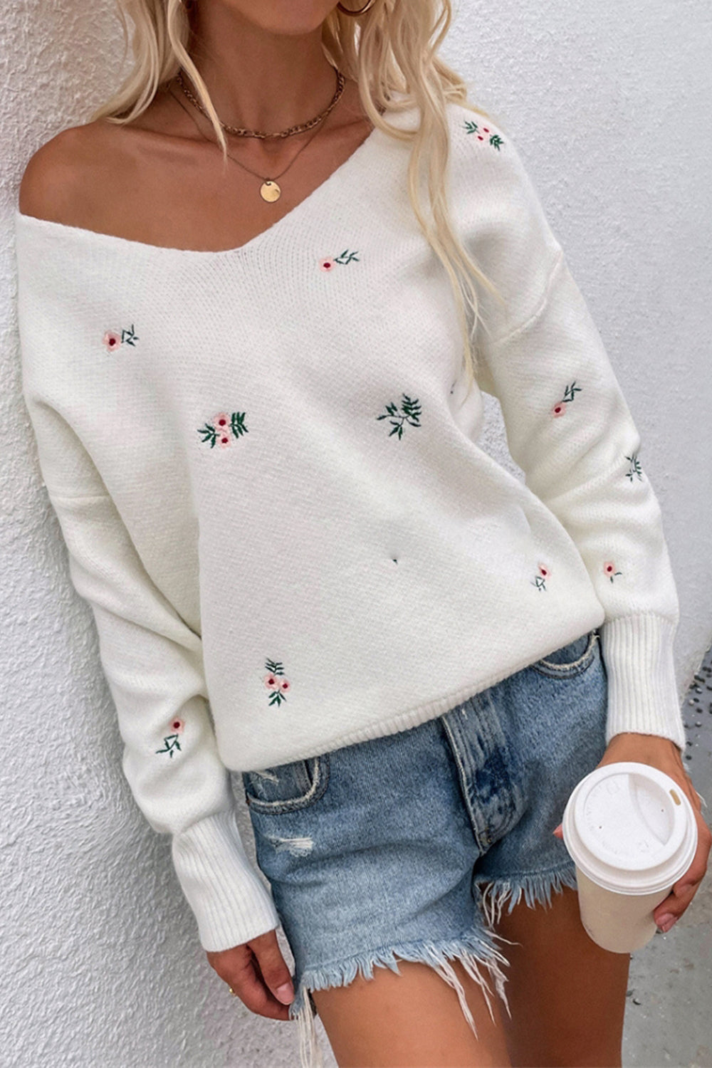 Printed V-Neck Loose Knit Sweater